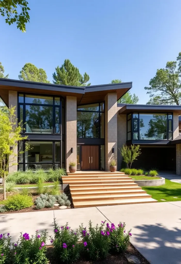 Modern house with angular roofs, large glass windows, wooden accents, and landscaped greenery.