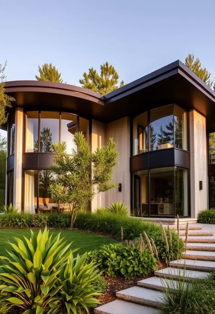 Modern house with curved walls, large glass windows, black frames, and tiered stone pathway surrounded by lush greenery.