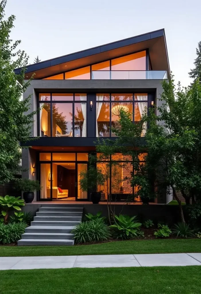 Modern house with slanted roof, large glass windows, warm lighting, and surrounding greenery.