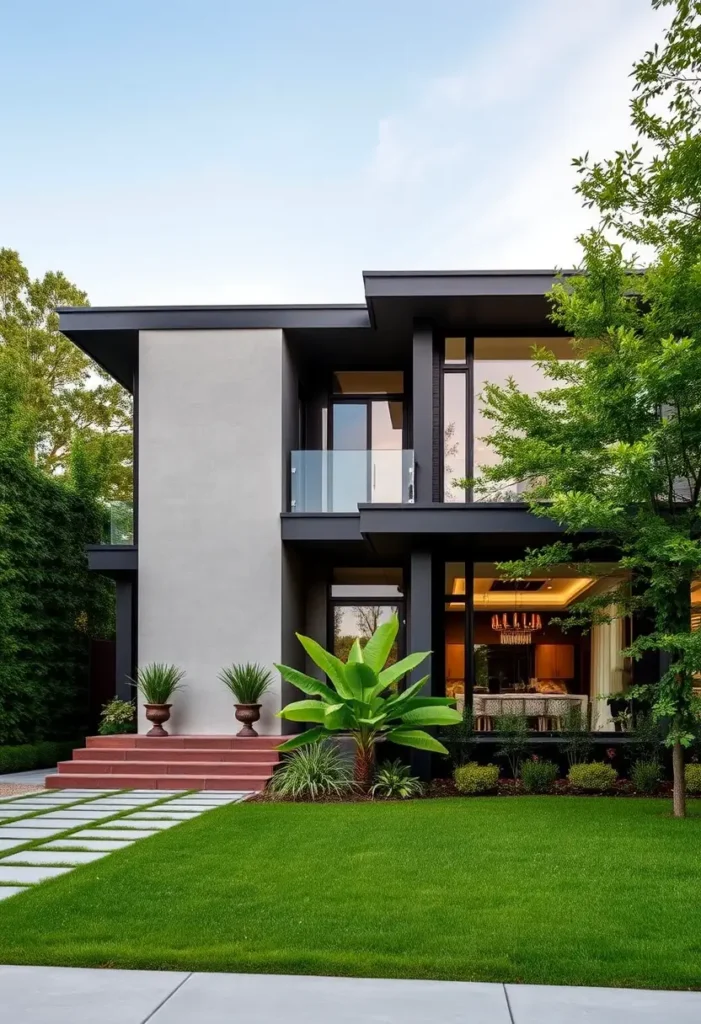 Modern house with minimalist design, glass balcony, large windows, and lush landscaping.