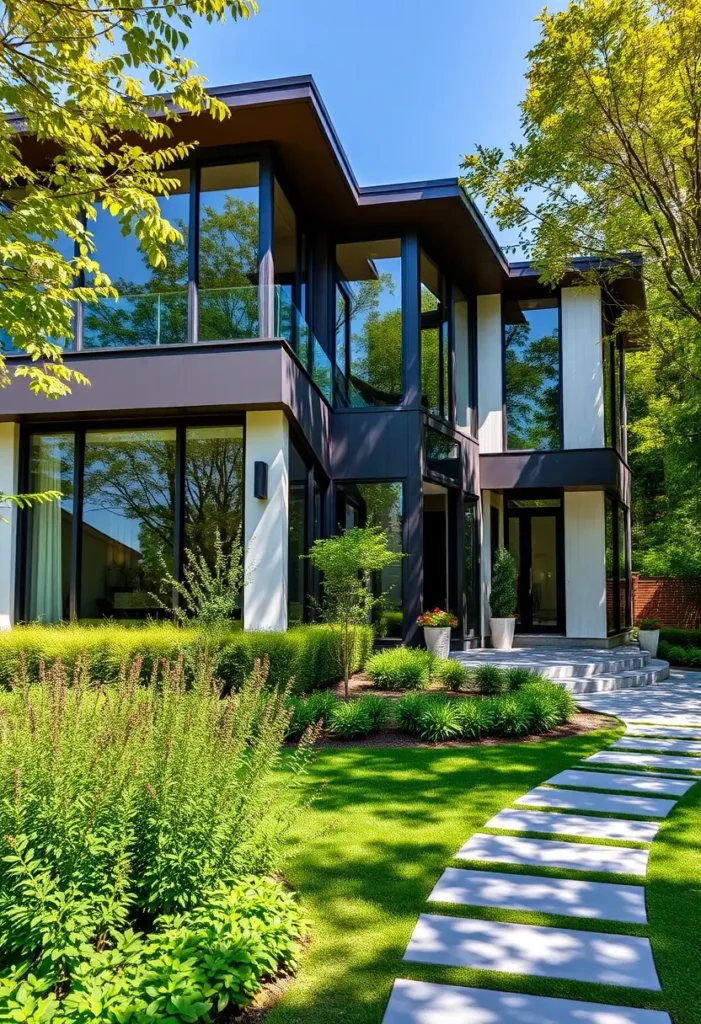 Modern house with angular design, large glass windows, vibrant greenery, and a curved stone pathway. Modern House Design Exteriors