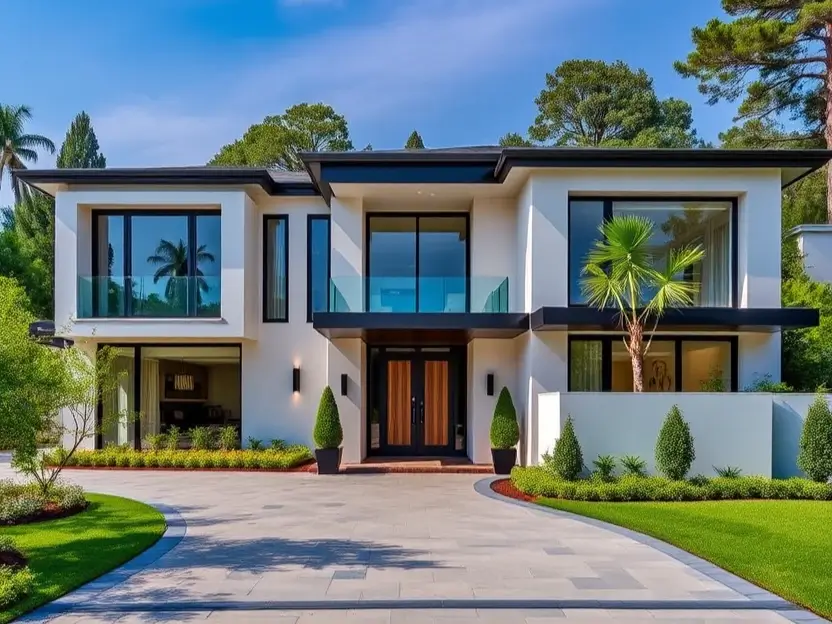 Modern house exterior with black accents, glass doors, symmetrical design, and lush landscaping. II