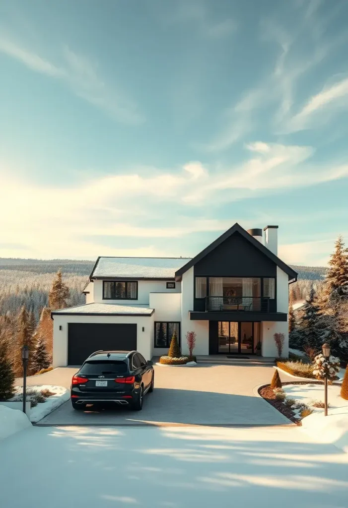 Modern luxury home with black and white exterior, large windows, and a snowy forest backdrop.