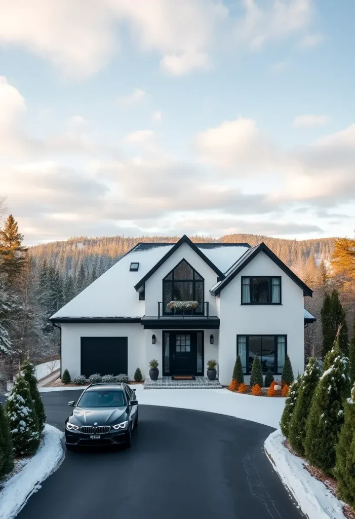 Modern black and white home exterior with a pitched roof, surrounded by trees and a sleek driveway.