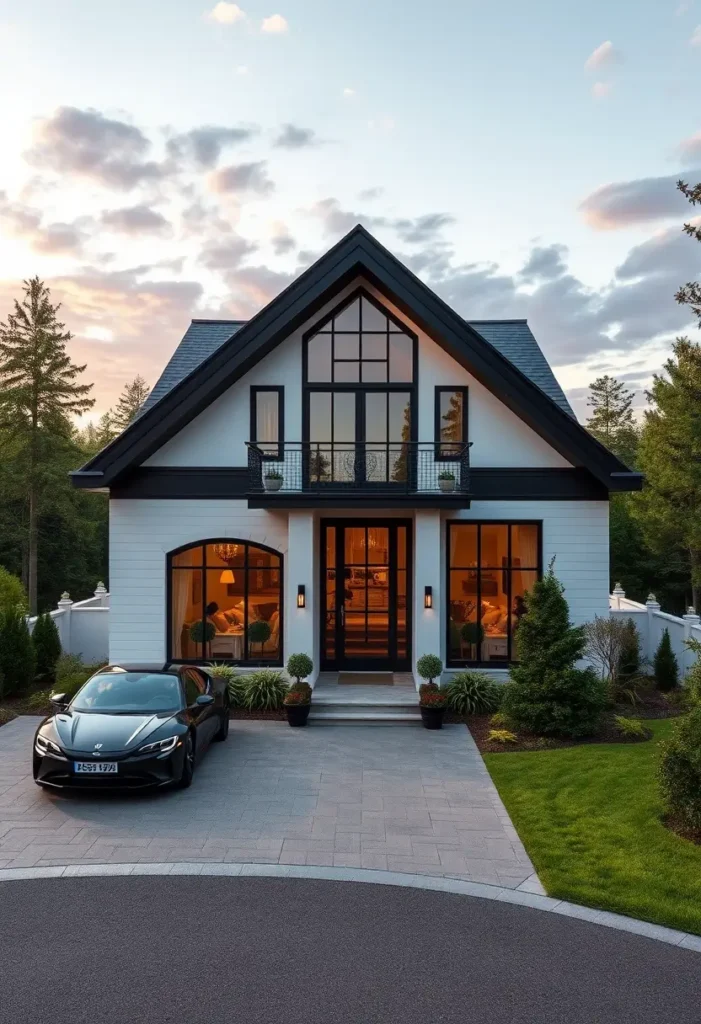 Modern A-frame home with black and white exterior, large windows, and glowing interior lights.