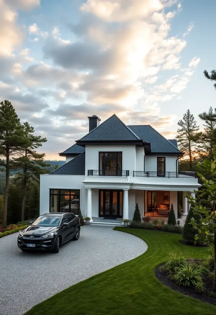 Modern luxury home with white columns, black accents, and a landscaped driveway.