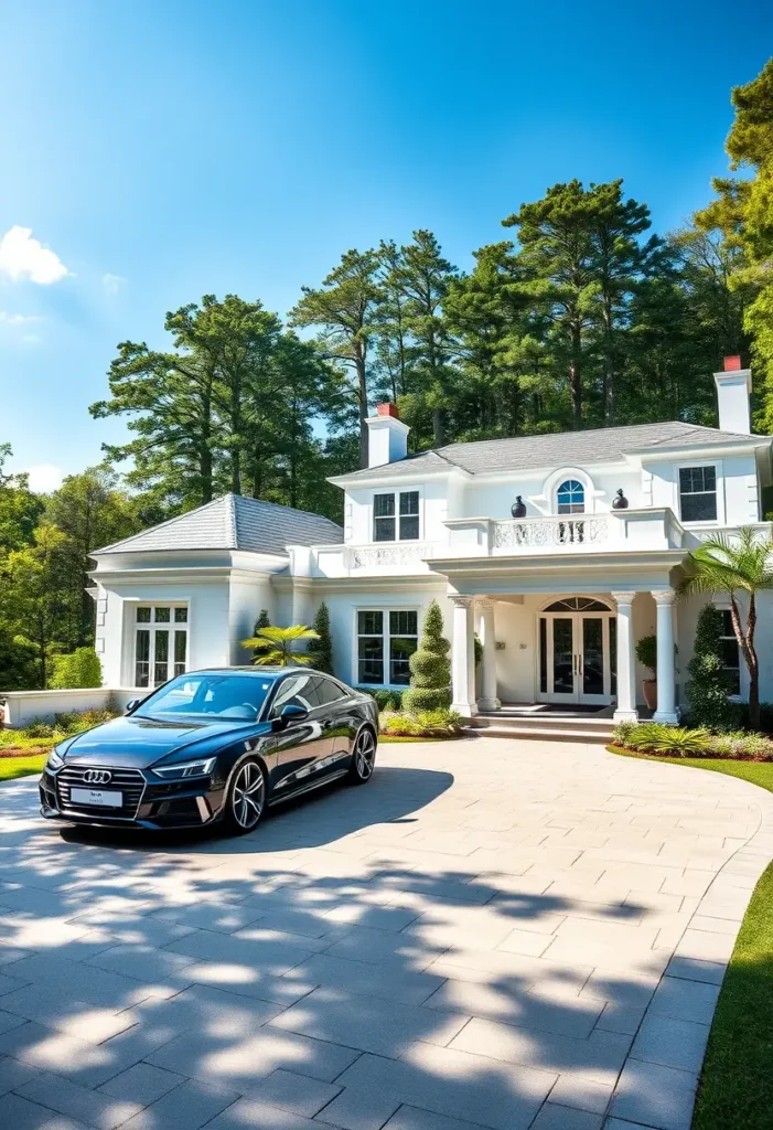 Luxury white home with elegant columns, landscaped driveway, and lush greenery.