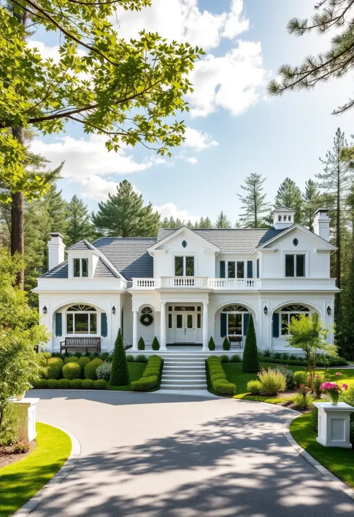 Classic white luxury home with columns, manicured landscaping, and symmetrical windows.