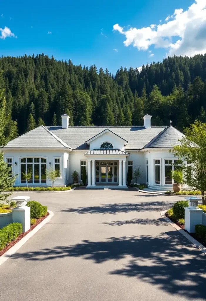 Elegant white home with columns, large windows, and a forested backdrop.