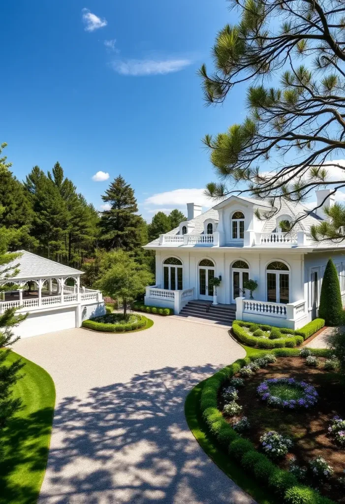 Luxury white home with arches, landscaped greenery, and a charming gazebo.