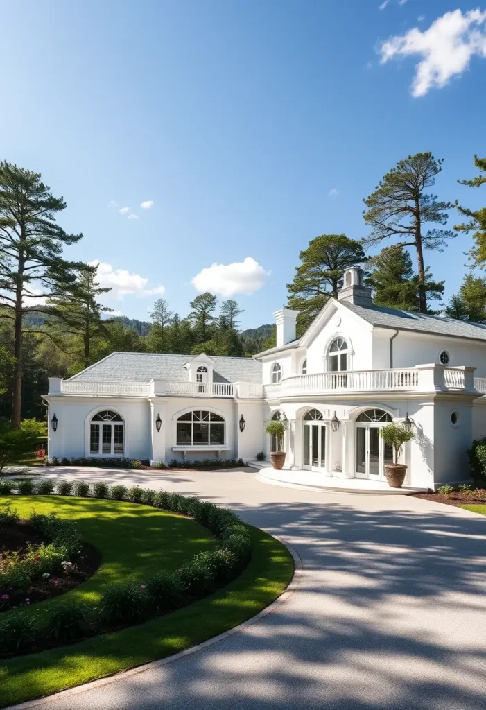 Luxury white home with arched windows, curved driveway, and manicured landscaping.