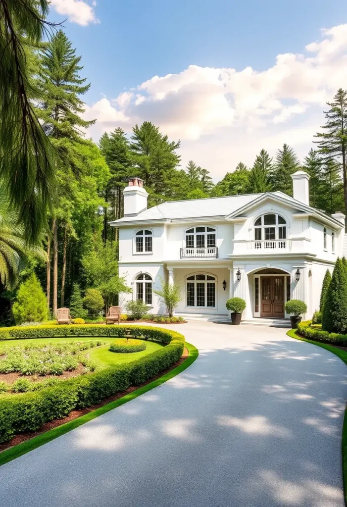 Luxury home with circular garden, arched windows, and a curved driveway surrounded by greenery.