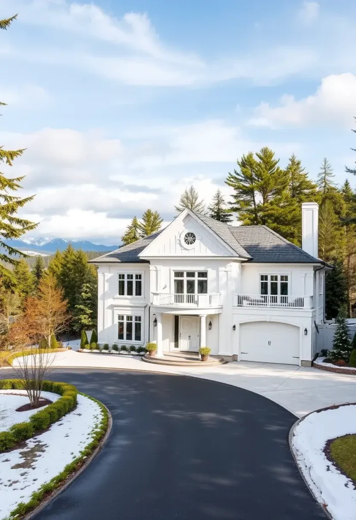 Luxury white home with black roof accents, curved driveway, and snowy landscaping.