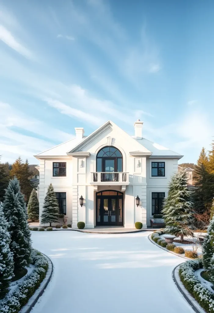 Elegant white home with arched window, black accents, and snow-covered landscaping.