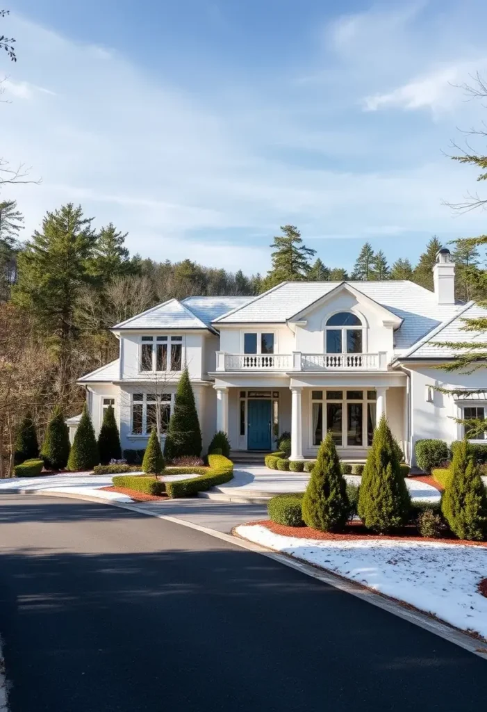 Elegant white home with arched window, blue front door, and manicured landscaping.