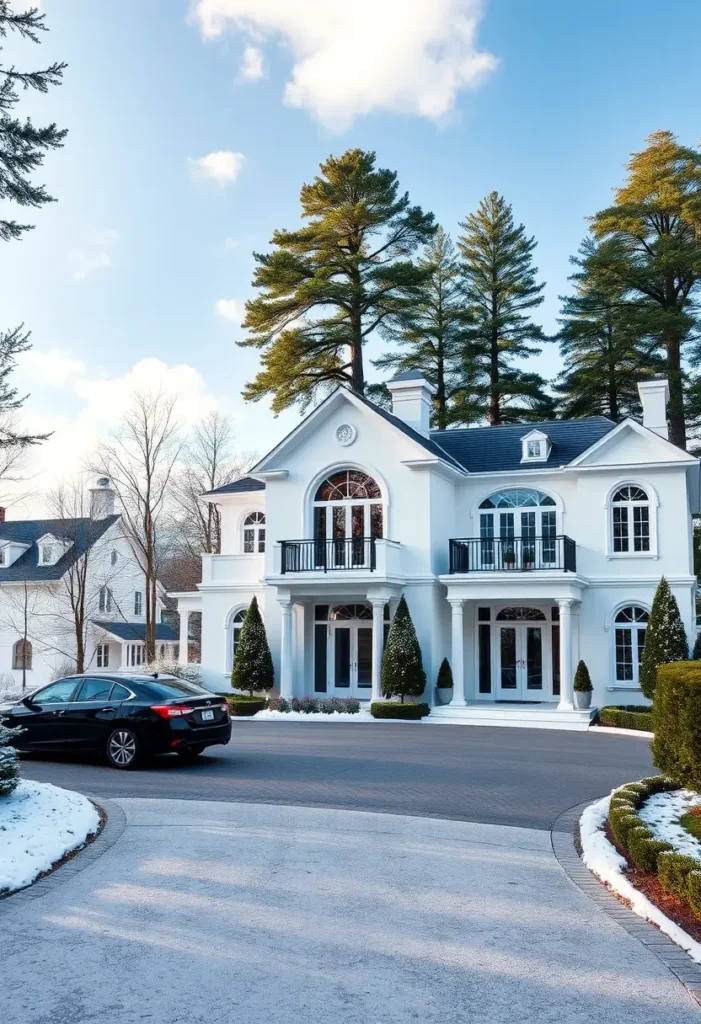 Elegant white home with arched windows, symmetrical balconies, and a curved driveway.