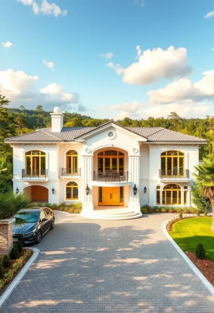 Mediterranean-style luxury home with arched windows, yellow double door, and wrought-iron balconies.