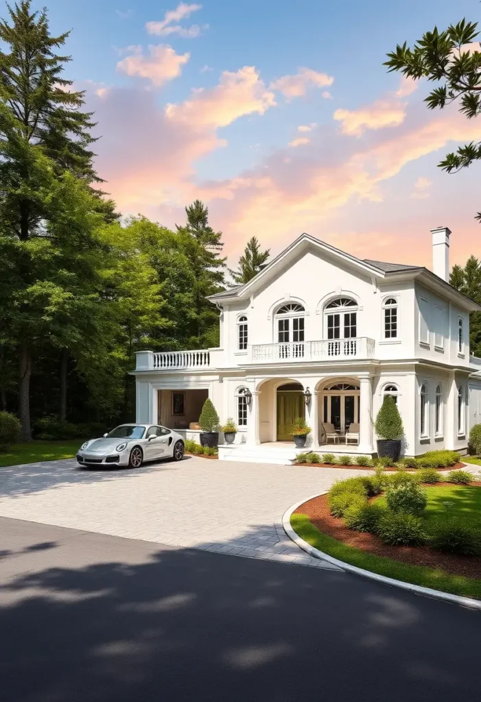 Luxury white home with arched windows, green front door, and landscaped driveway.