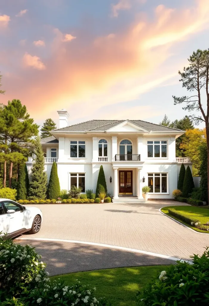 Elegant white home with arched windows, columns, and manicured landscaping under a vibrant sunset.