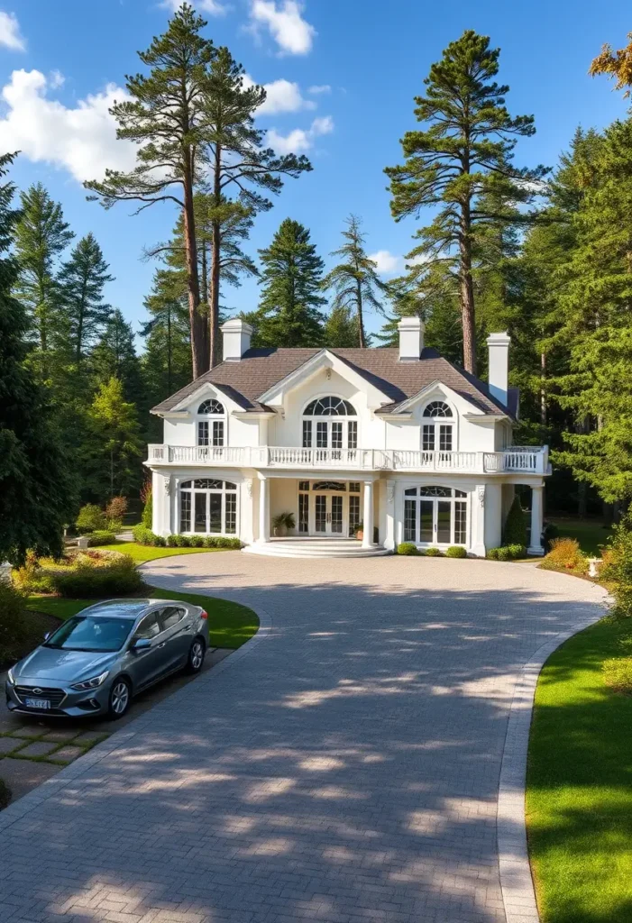 Grand white luxury home with arched windows, a balcony, and a curved driveway amidst tall trees.