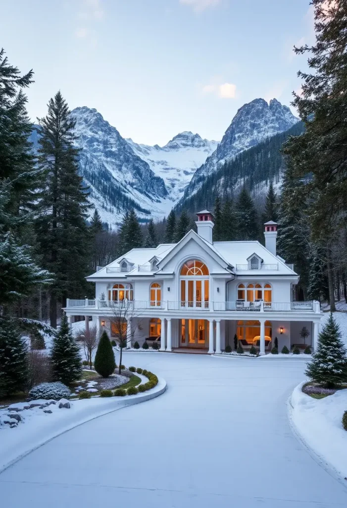 Grand white luxury home with arched windows and mountain backdrop, surrounded by snow.