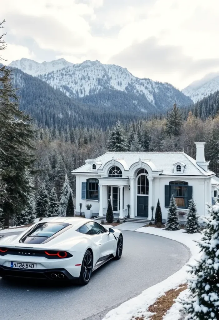 Elegant white cottage with arched windows, blue shutters, and mountain backdrop.