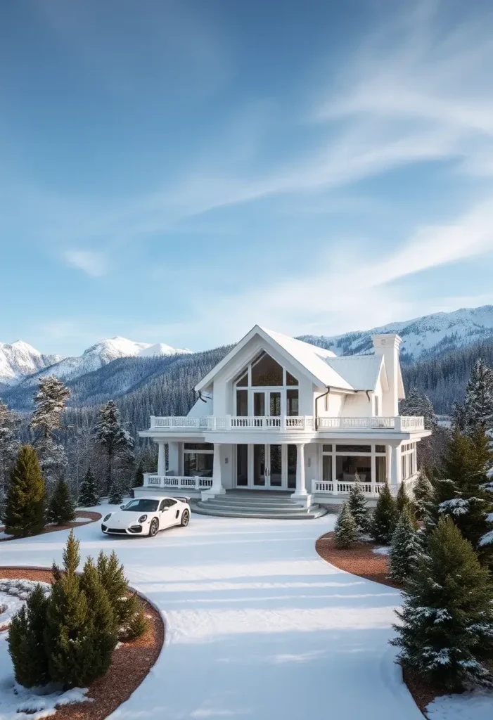 Luxury white house with gabled roof, large windows, and snowy mountain backdrop.