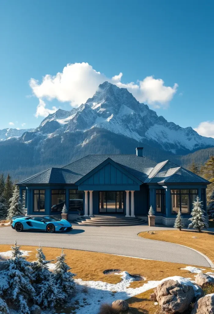 Modern luxury home with blue exterior, large windows, and mountain backdrop.