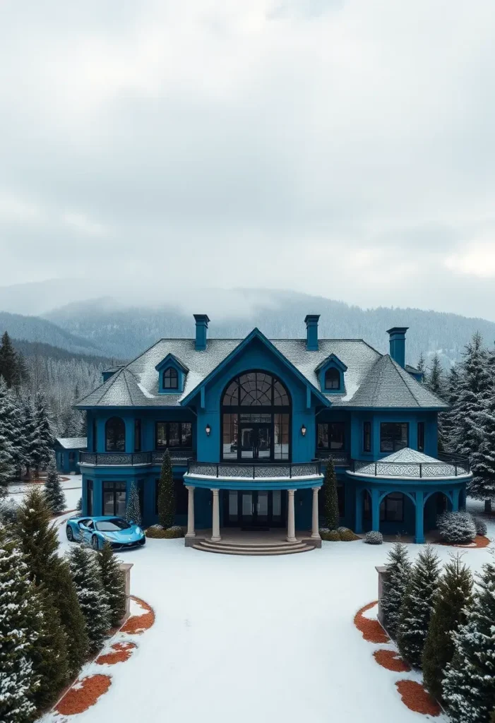 Luxury blue home with arched windows, grand balcony, and snow-covered landscape.