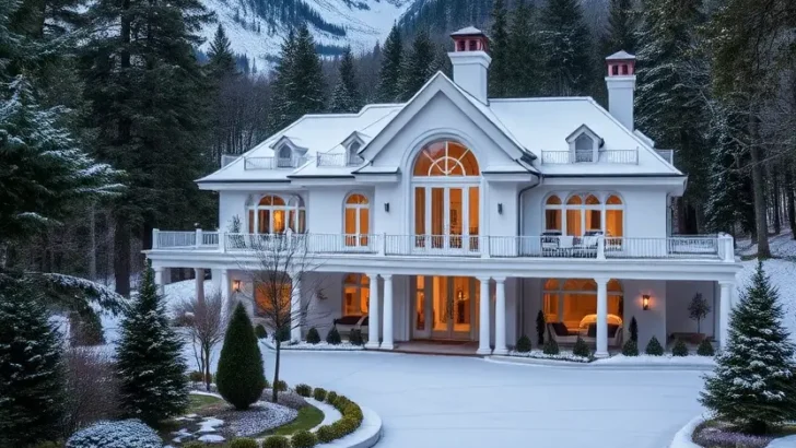 Grand white luxury home with arched windows and mountain backdrop, surrounded by snow. II