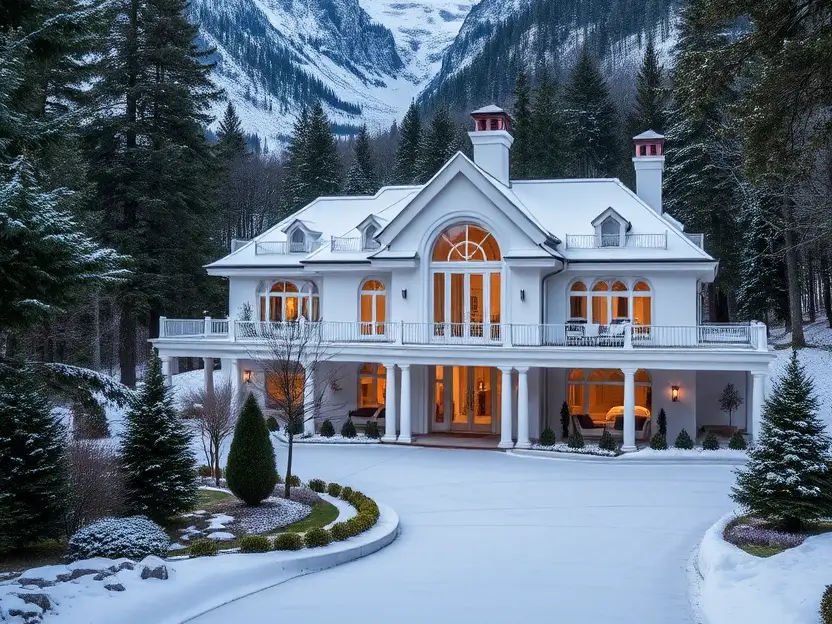 Grand white luxury home with arched windows and mountain backdrop, surrounded by snow. II