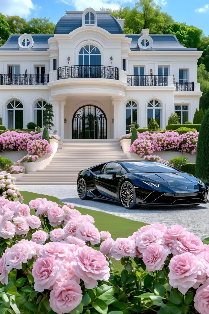 French-inspired modern mansion with a white facade, arched windows, black wrought-iron balconies, a luxury sports car, and a garden adorned with pink roses.