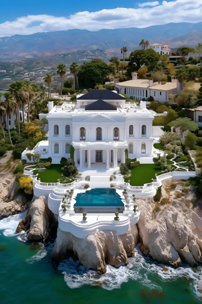 Modern white mansion on a cliffside with an infinity pool, manicured gardens, and panoramic ocean views, surrounded by lush greenery and scenic coastal landscapes.