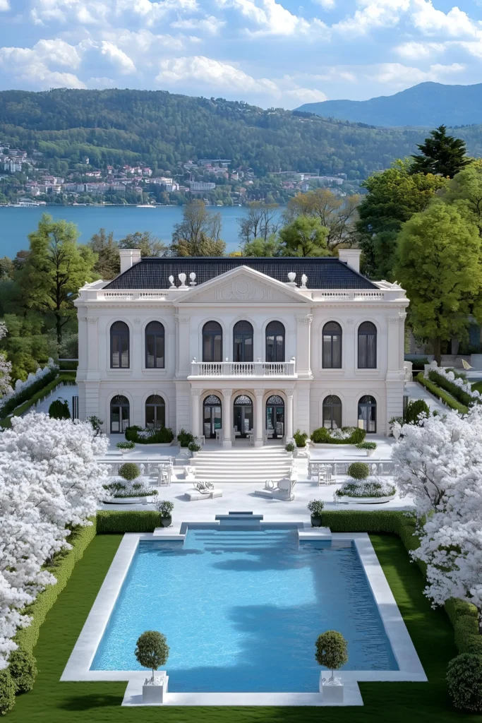 Modern mansion by a lake with neoclassical architecture, a grand staircase, a symmetrical pool, white cherry blossoms, and scenic surroundings.