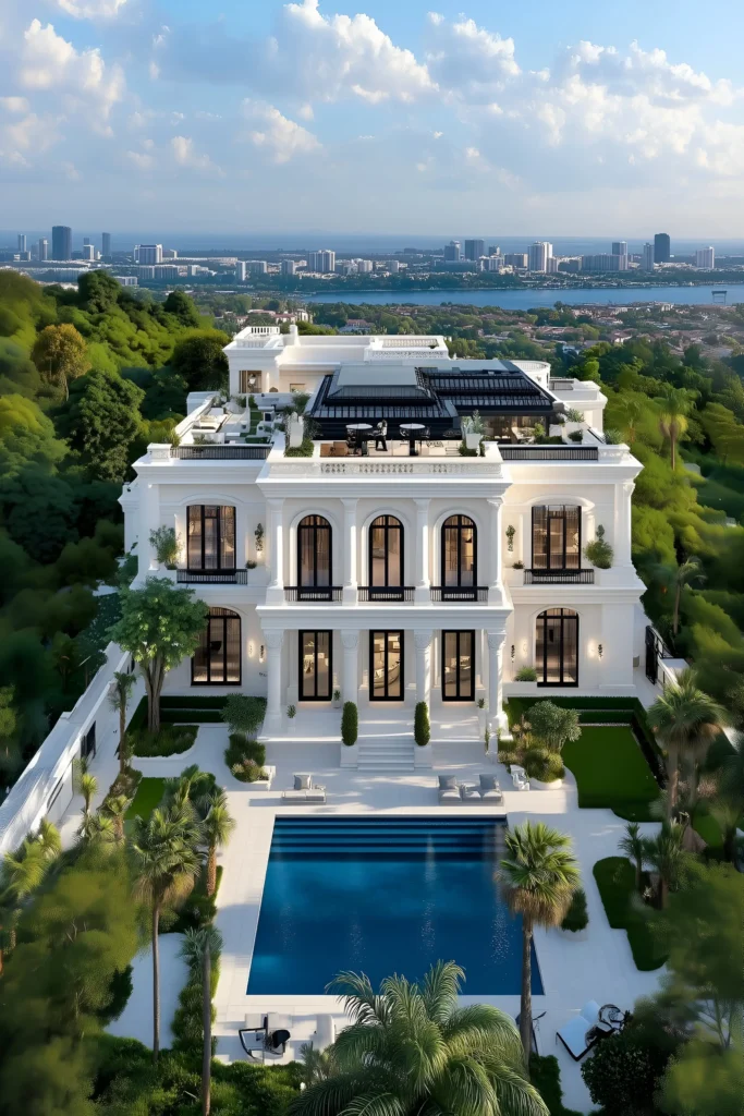 Modern mansion with a rooftop terrace, outdoor seating, a pool, manicured gardens, and panoramic views of the cityscape and lush surroundings.