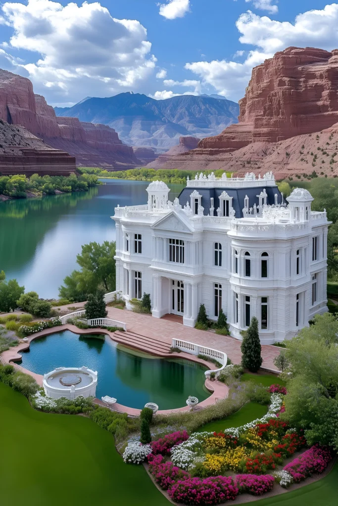 Elegant white riverside mansion with a custom-shaped pool, vibrant gardens, and stunning red canyon cliffs in the background.