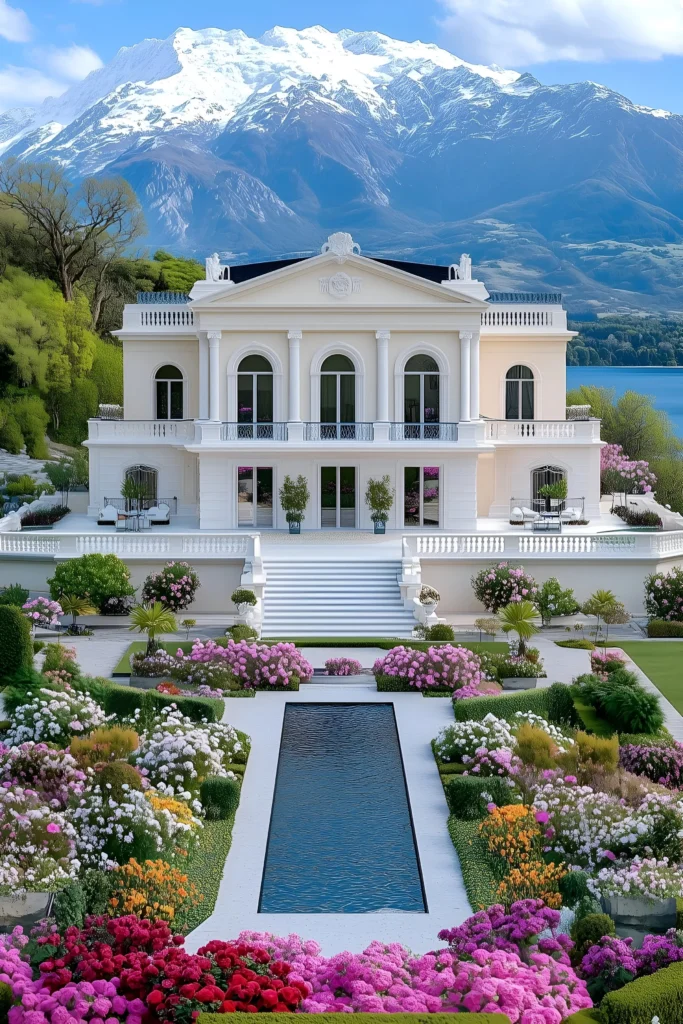 Lakeside mansion with snow-capped mountains, vibrant flower gardens, a reflective water feature, and serene natural surroundings.