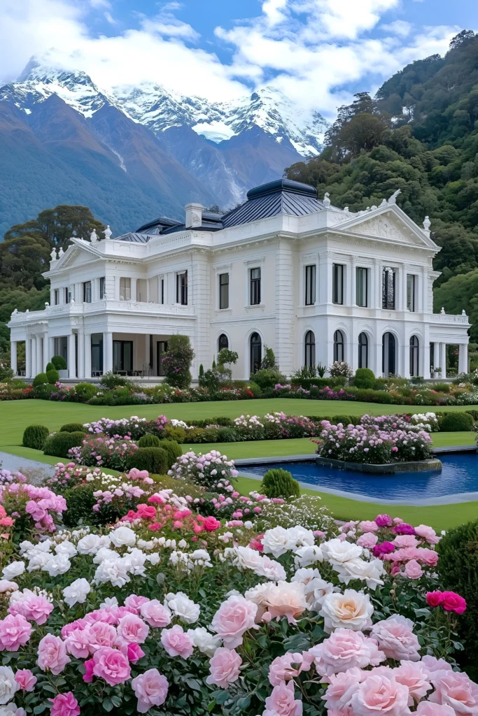 Modern white mansion surrounded by vibrant flower gardens, a serene pool, and a backdrop of snow-capped mountains and lush greenery.