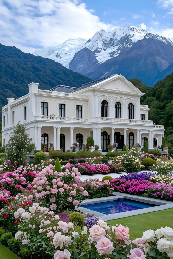 Elegant white estate with vibrant flower gardens, a tranquil pool, and a backdrop of lush greenery and snow-capped mountains.