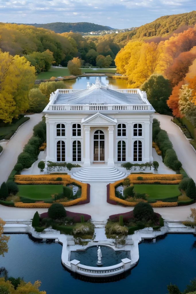 Pavilion-style white mansion surrounded by autumn trees, symmetrical gardens, a reflecting pool, and a central statue fountain.