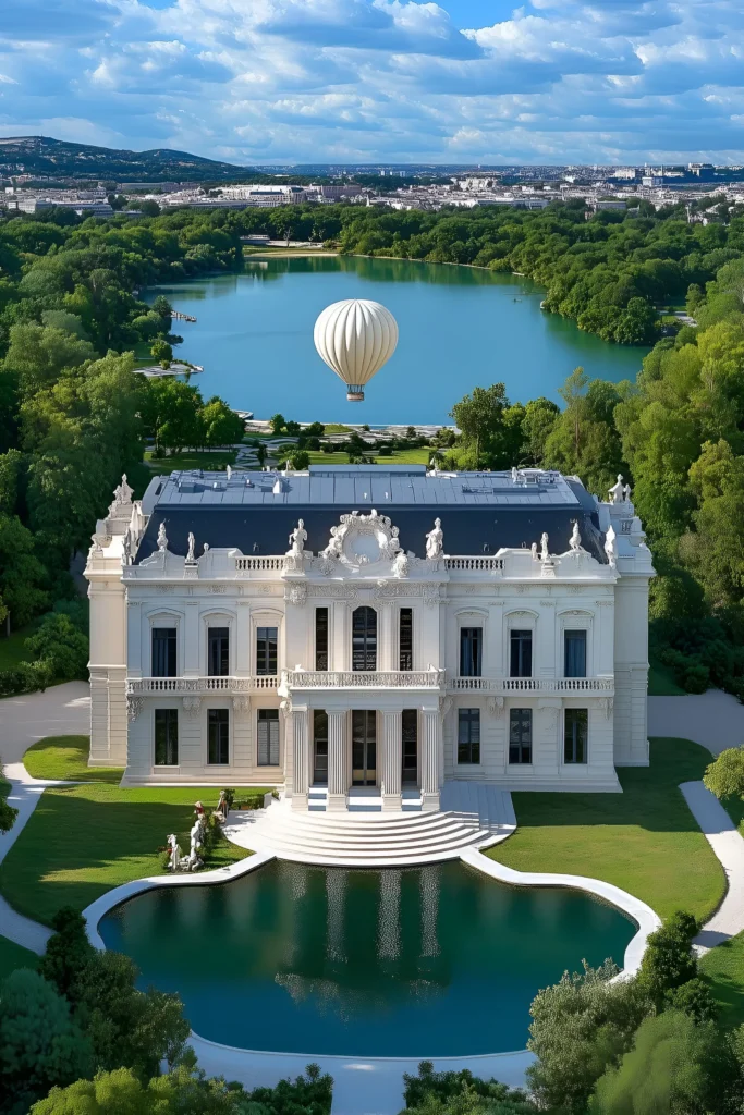 Neoclassical white mansion by a tranquil lake with a hot air balloon in the background and lush greenery surrounding the estate.