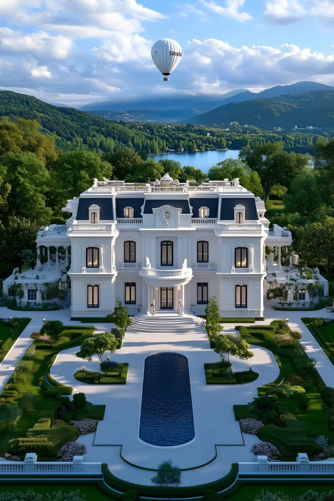 Luxurious white mansion with grand gardens, a reflecting pool, and a hot air balloon floating in a scenic lakeside and mountain backdrop.