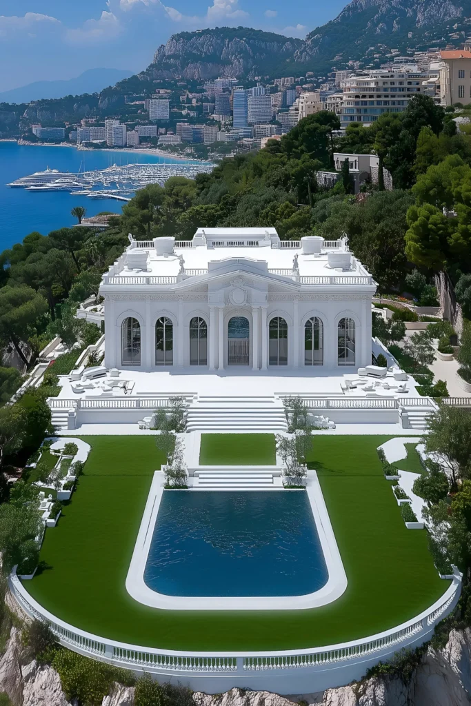 Elegant white coastal mansion with a reflecting pool, manicured lawns, and panoramic views of the Mediterranean Sea and marina.