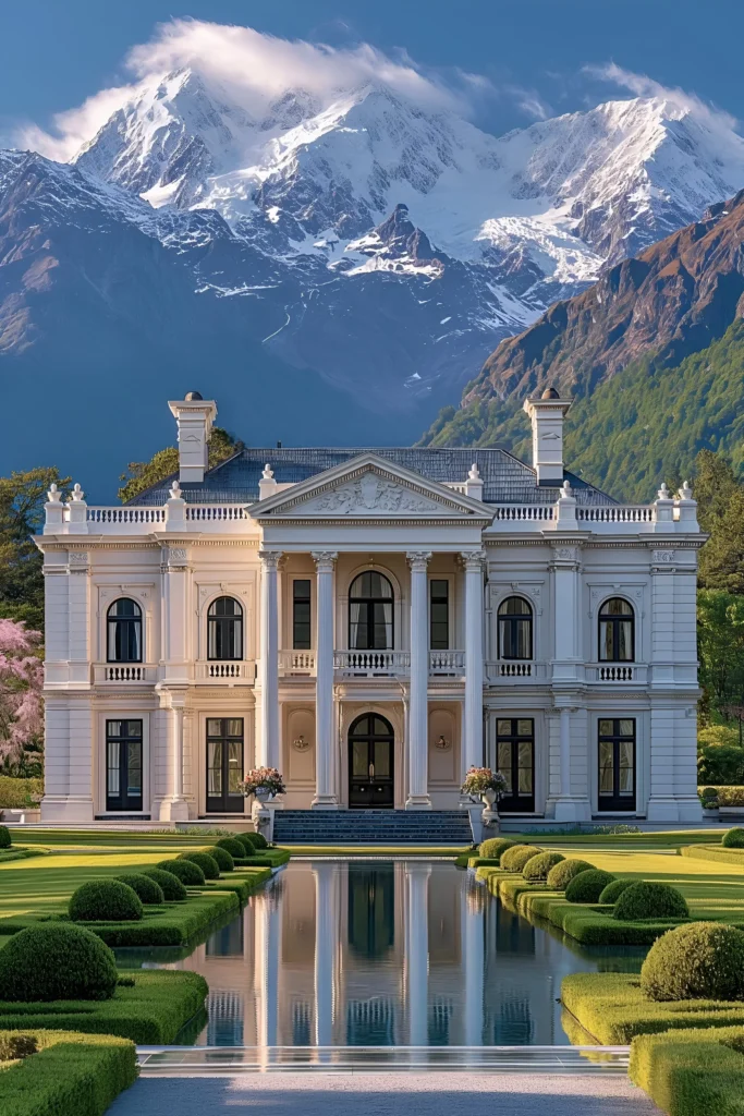 Grand mansion with towering columns, a reflective pool, manicured gardens, and a backdrop of snow-capped alpine mountains.