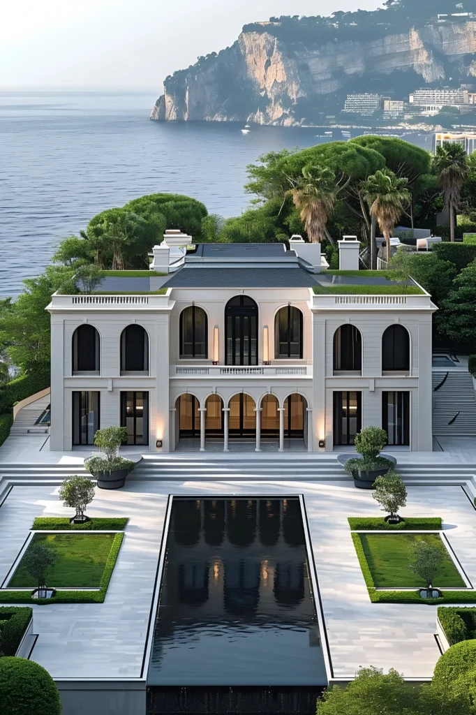 Modern coastal mansion with a reflective infinity pool, grand arches, lush greenery, and scenic views of the ocean and rugged cliffs.