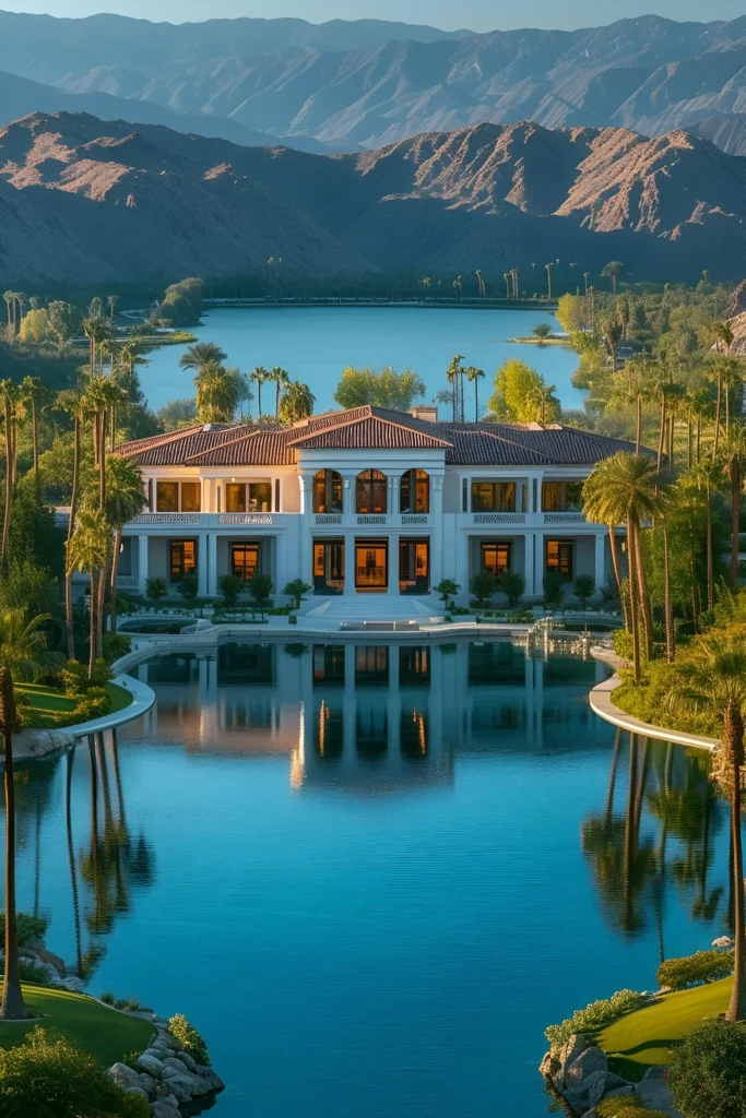 Mediterranean-style mansion with a terracotta roof, palm trees, a serene lake, and a dramatic desert mountain backdrop.