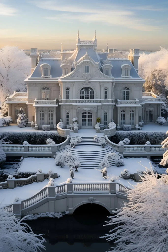 Snow-covered mansion with intricate architecture, grand staircase, frosted gardens, and a serene winter setting at sunrise.