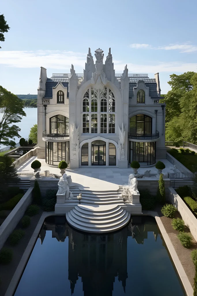 Gothic-inspired mansion with arched windows, sculptural accents, a grand staircase, and a reflective pool by a serene lake.