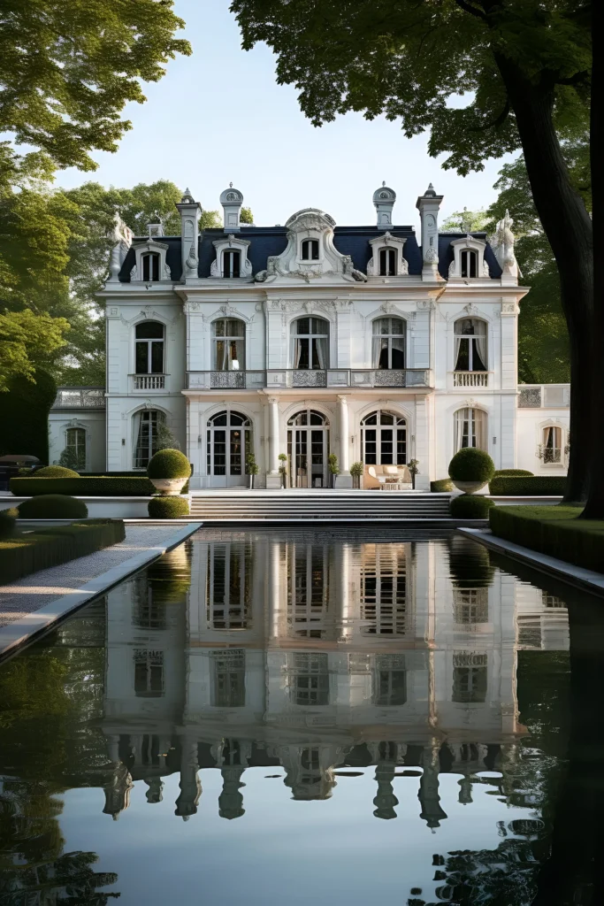 Classic French-style mansion with ornate detailing, arched windows, lush greenery, and a reflective pool in a tranquil setting.