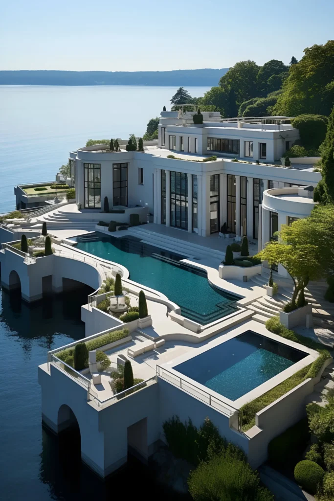 Contemporary waterfront mansion with tiered infinity pools, expansive glass walls, and panoramic views of the lake and surrounding greenery.